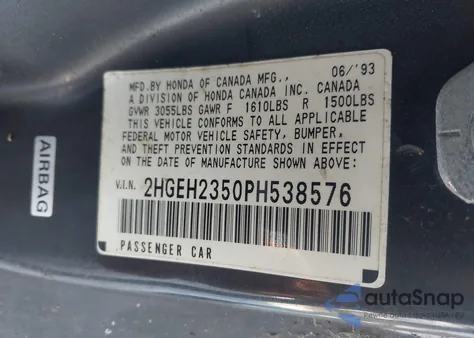 1993 Honda Civic Cx from USA, damaged, VIN 2HGEH2350PH538576